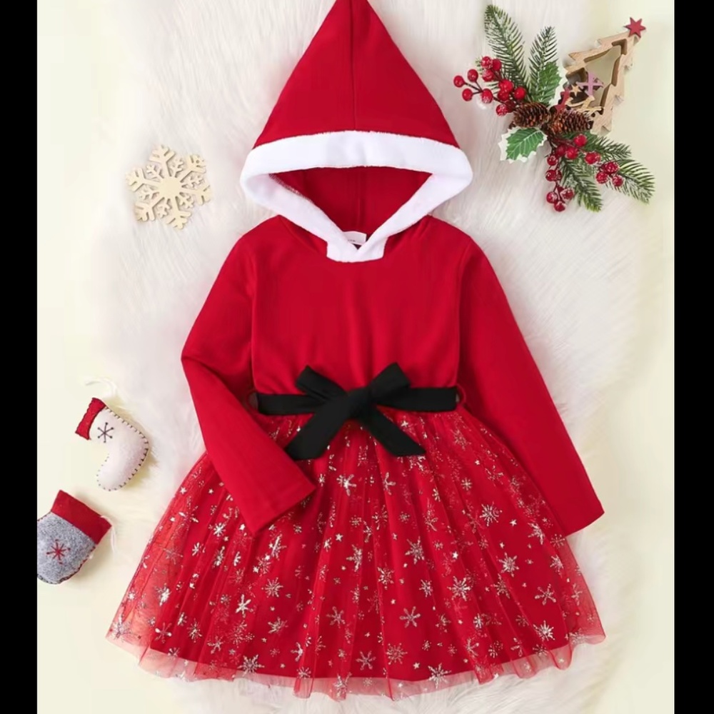 🆕 Christmas hooded red & white fit and flare long sleeve festive dress